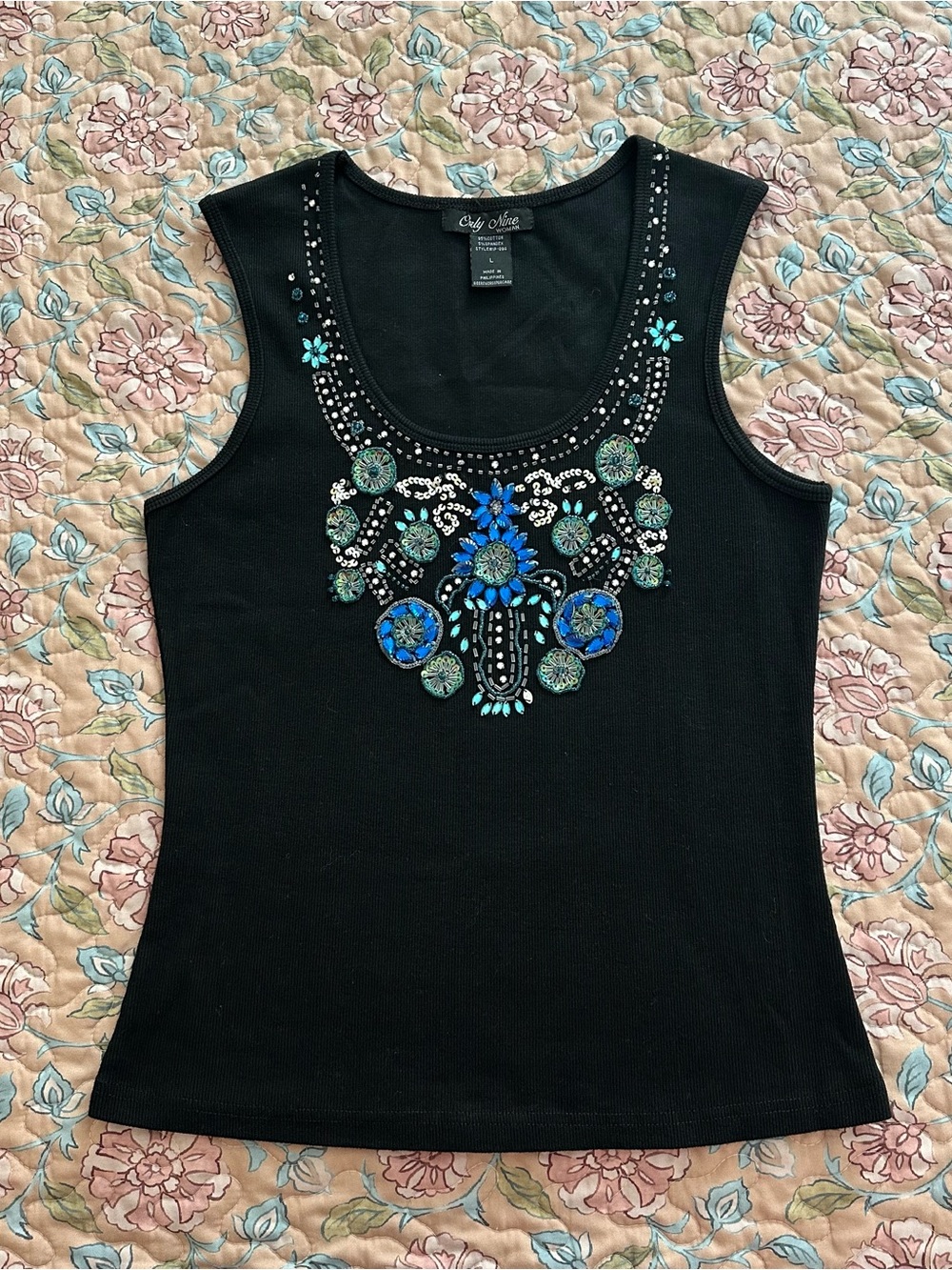 Only Nine Black Blue & Green Beaded Sequin Indian Kardana Women’s Tank